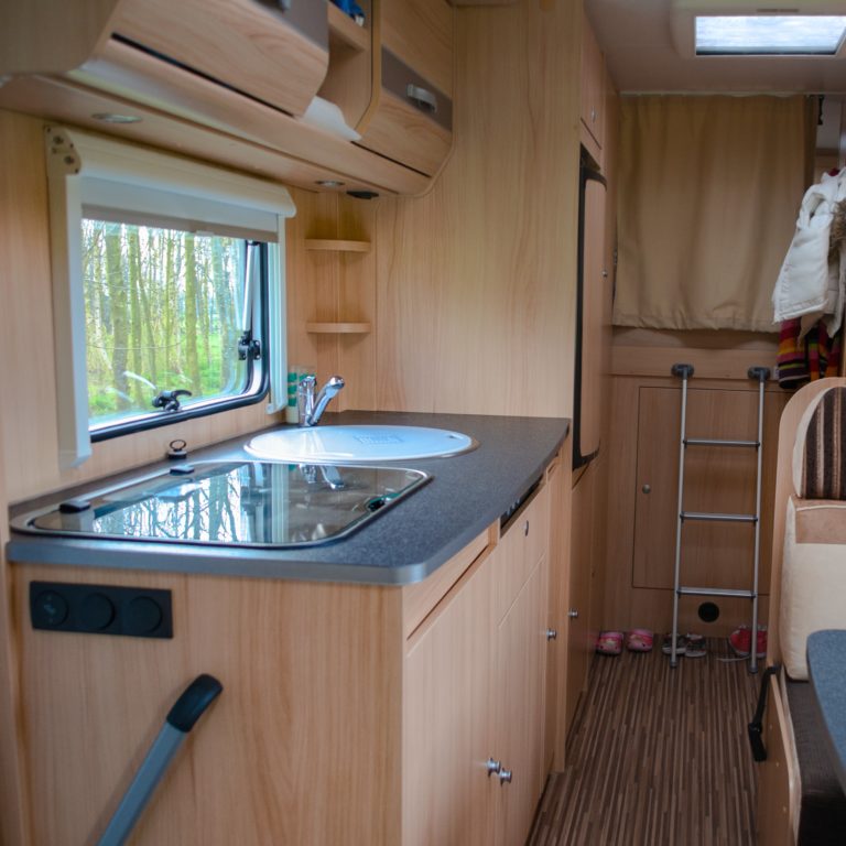 Camper van, rv, caravan interior. Motorhome for family holiday travel